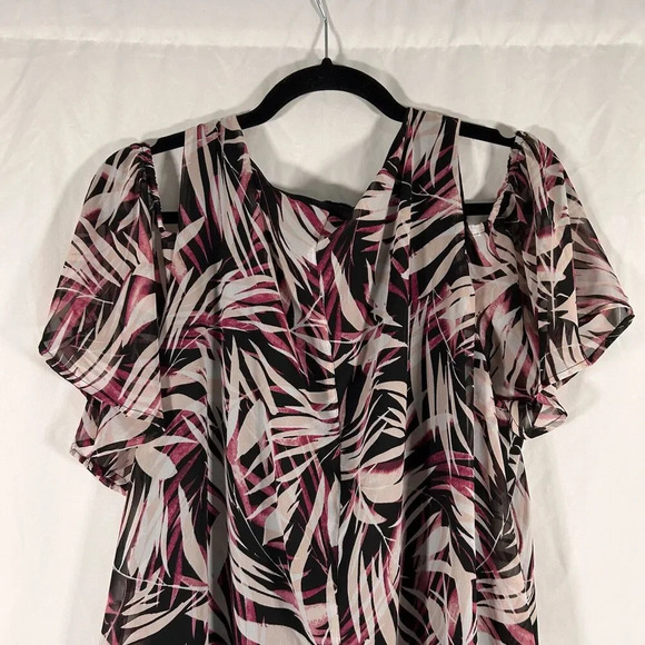 Lane Bryant Blouse Women's 20 Purple Black Cold Shoulder Sheer Short Sleeve - Picture 9 of 10